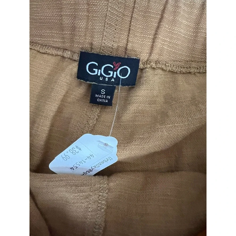 GIGO USA Women Beige Wide Leg Cropped Pants Elastic Waist‎ Frayed Hem Size S
